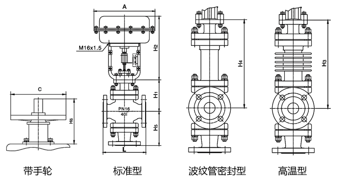 气动薄膜三通调节阀尺寸图